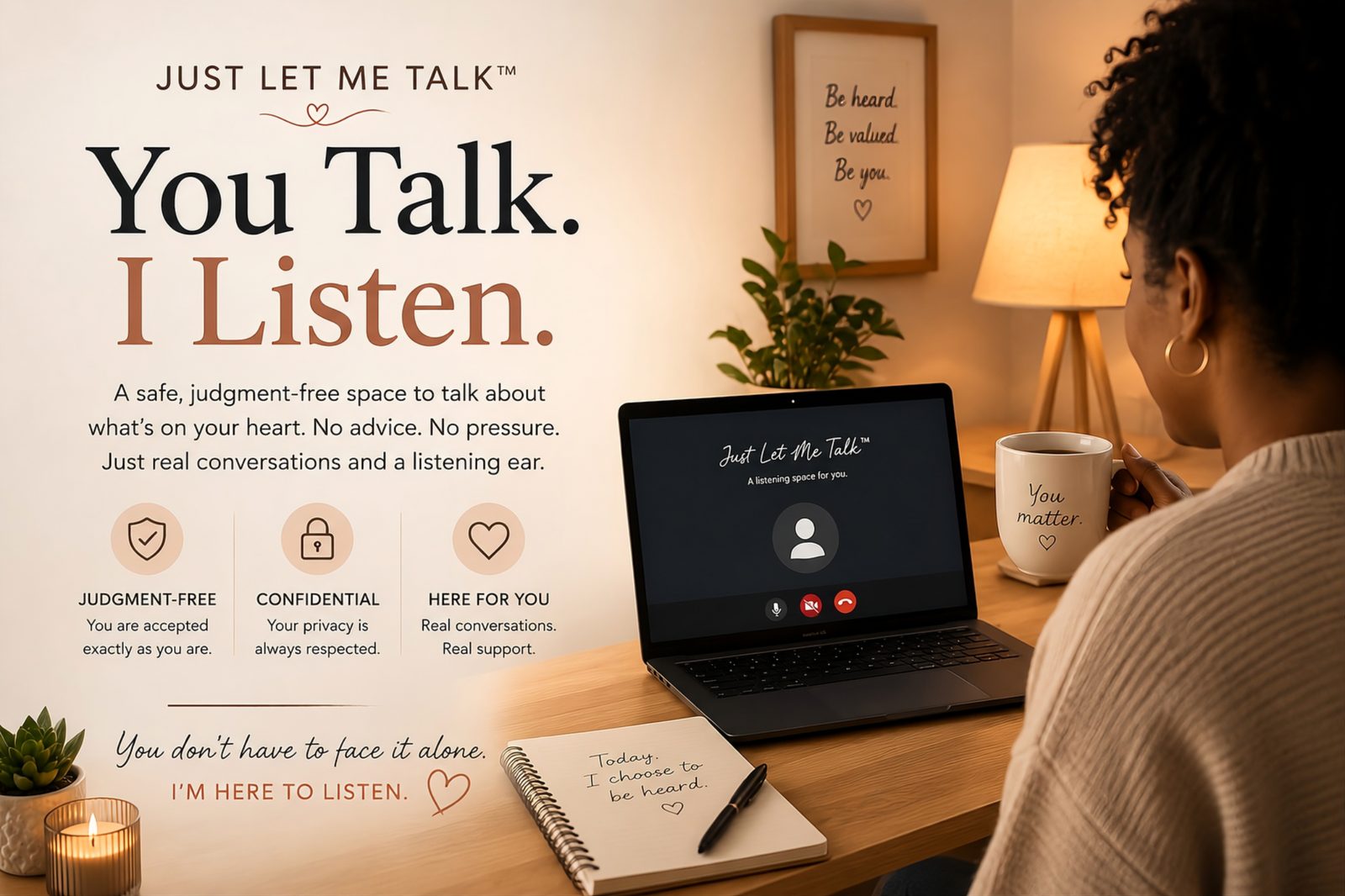 Just Let Me Talk listening service with a woman talking online